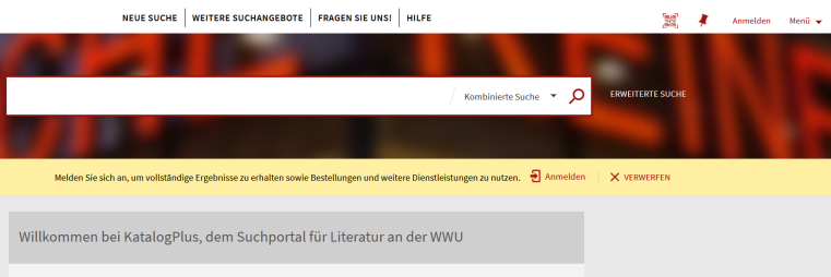 Screenshot und Link zum Suchportal "KatalogPlus" der ULB  Münster