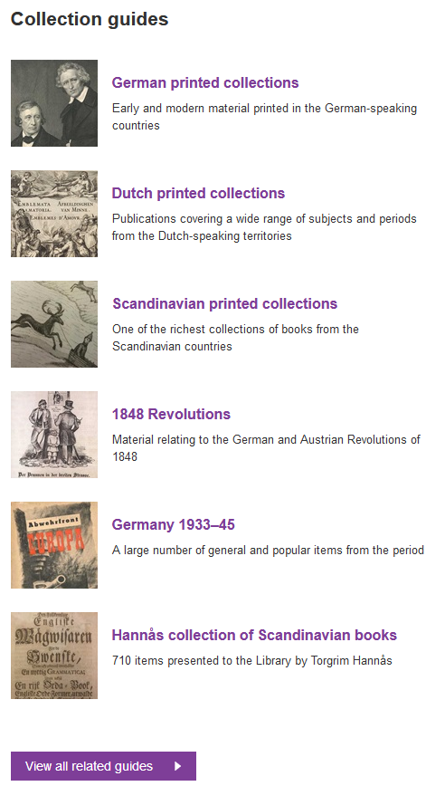 Screenshot der Auflistung von Ressourcen zu "Germanic Studies" der British Library, https://www.bl.uk/subjects/germanic-studies