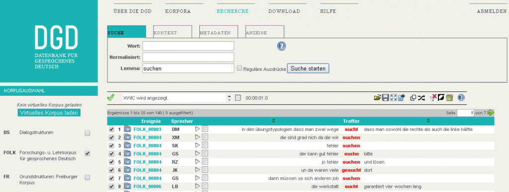 Screenshot der Datenbank DGD (von http://agd.ids-mannheim.de/datenbanken.shtml)