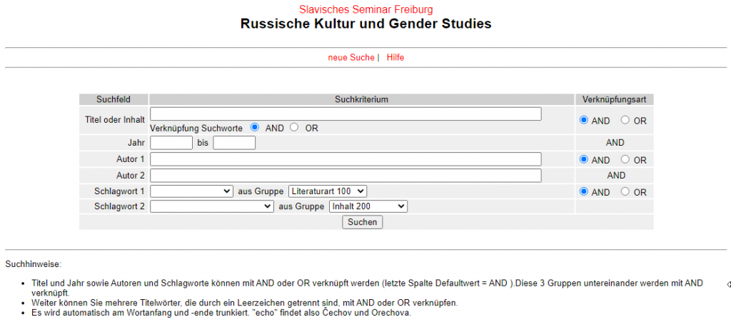 Screenshot der Datenbank "Russische Kultur und Gender Studies" (http://www2.slavistik.uni-freiburg.de/slavlit/de/)