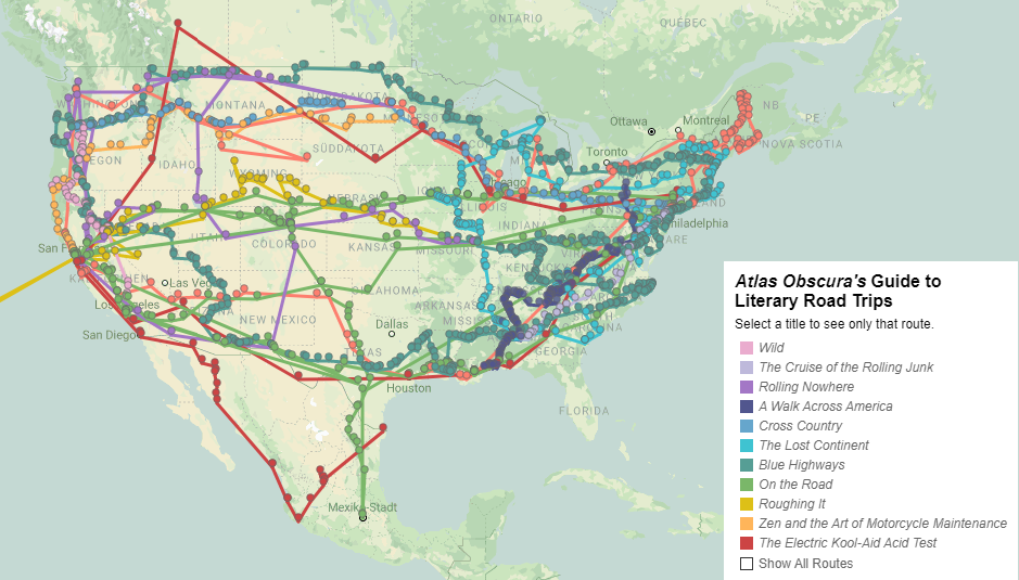 Screenshot des "Atlas Obscura's Guide to Literatry Road Trips" (https://www.atlasobscura.com/articles/the-obsessively-detailed-map-of-american-literatures-most-epic-road-trips)