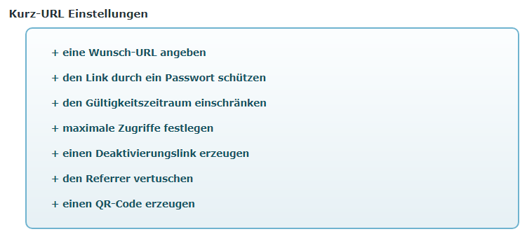 Einstellungsmöglichkeiten des Link-Kürzungsdienstes t1p.de