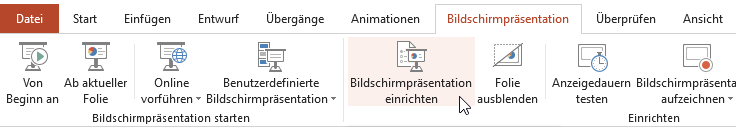 Screenshot aus PowerPoint: Menü "Bildschirmpräsentation" › "Bildschirmpräsentation einrichten"