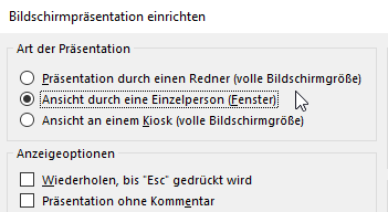 Screenshot aus PowerPoint: Menü "Bildschirmpräsentation einrichten"