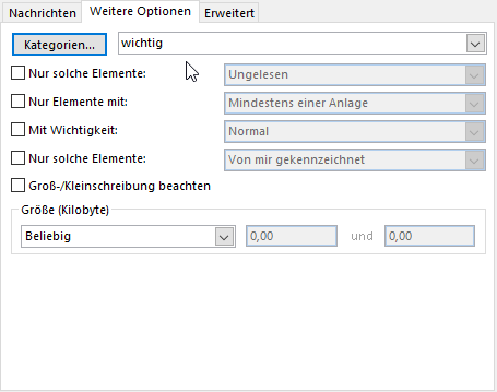Screenshot Outlook: bedingte Formatierung Kategorienauswahl