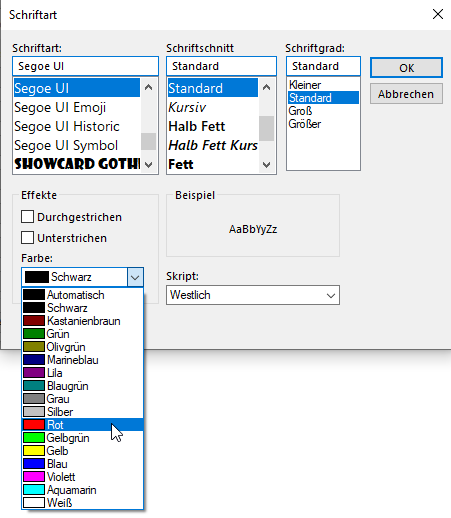 Screenshot Outlook: bedingte Formatierung Farbauswahl