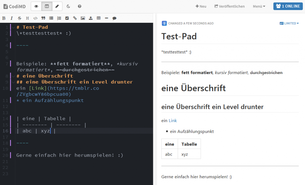 Screenshot eines Test-Pads in der WWU-Etherpad-Installation