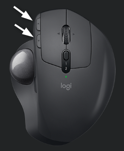 Abbildung eines Logitech-Trackballs mit Markierung der beiden kleinen Zusatztasten