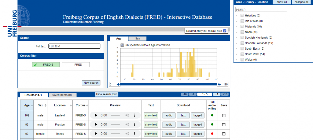 Screenshot der Datenbank zum englischen Sprachkorpus "FRED" (https://fred.ub.uni-freiburg.de/)