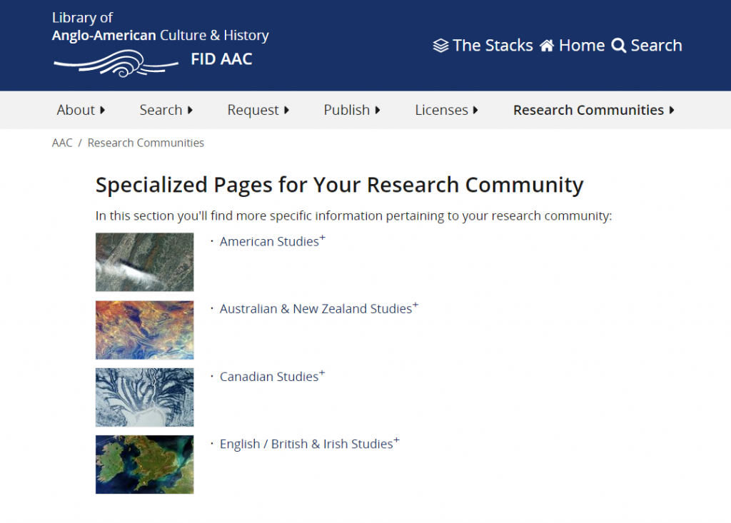 Screenshot der Seite "Seiten für Research Communities" des FID AAC (https://libaac.de/research-communities/) (Stand 22.2.2021)