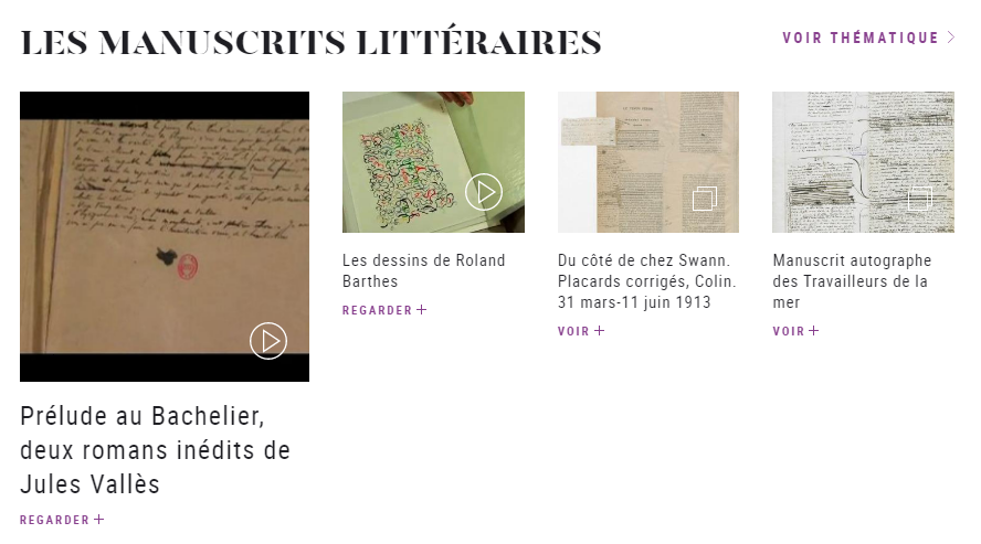 Screenshot aus der Themen-Übersichtsseite der Mediathek der BNF, Abschnitt "Manuscrits Littéraires" (https://www.bnf.fr/fr/mediatheque) (Stand 20.4.2021)
