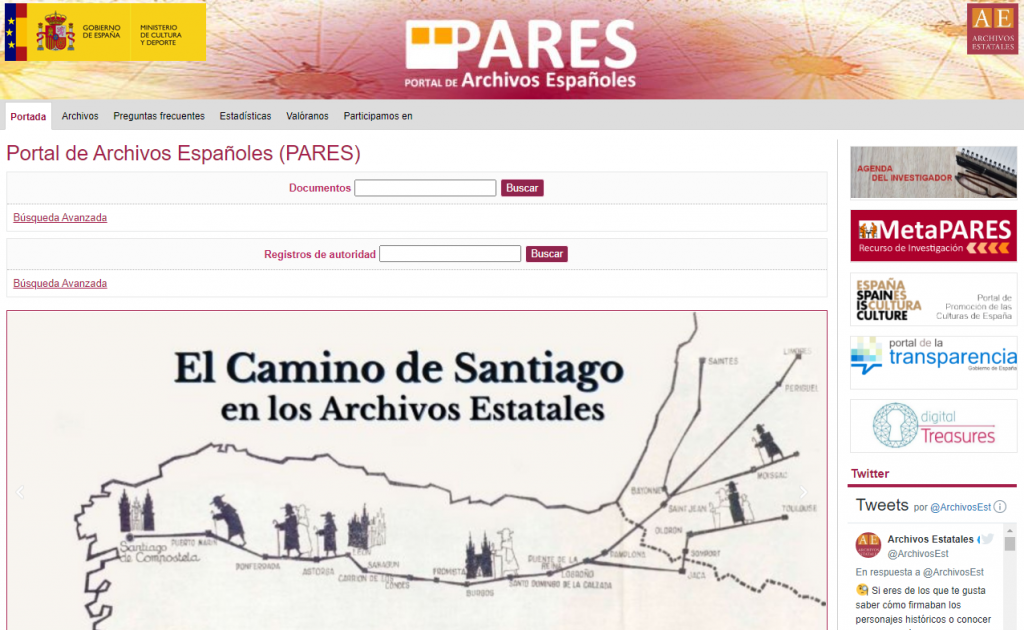 Screenshot der Startseite von PARES (http://pares.culturaydeporte.gob.es/) (Stand 20.5.2021)