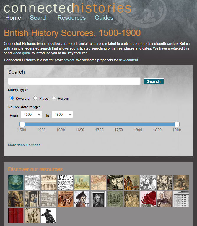 Screenshot der Startseite der Datenbank-Metasuche "Connected Histories" (https://www.connectedhistories.org/) (Stand 21.6.2021)