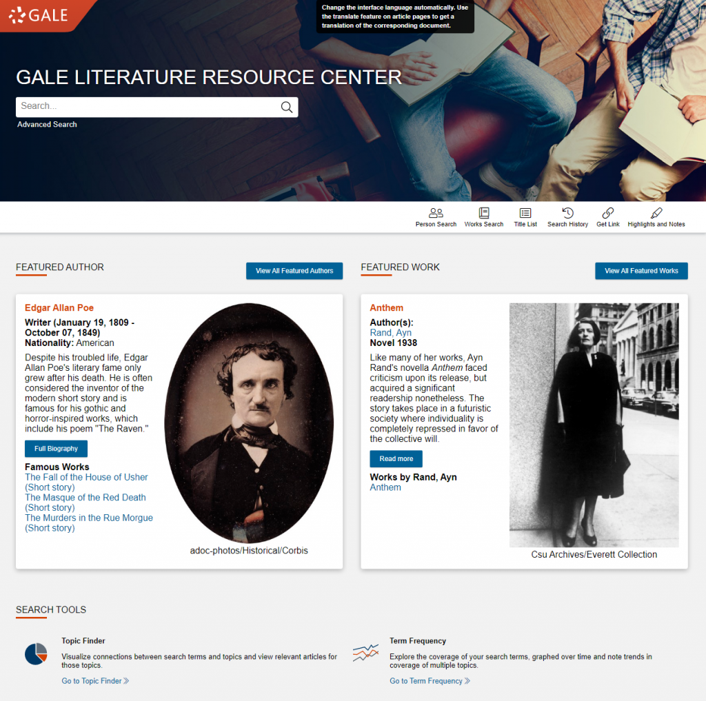 Screenshot der Startseite des Gale Literature Resource Center (Stand 18.6.2021)