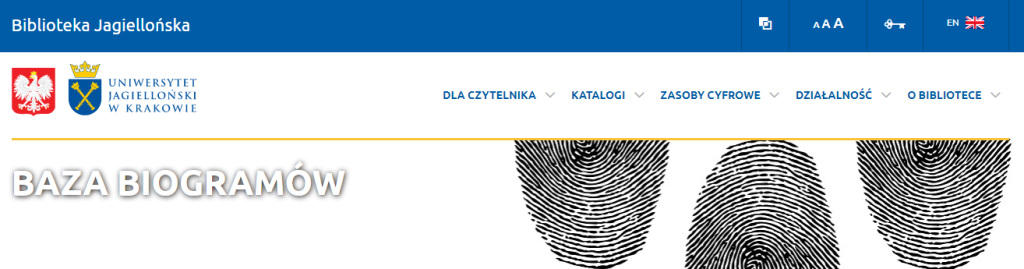 Screenshot der Headergrafik der Startseite der Datenbank "Baza Biogramów" (https://bj.uj.edu.pl/zasoby-cyfrowe/biogramy) (Stand 20.12.2021)