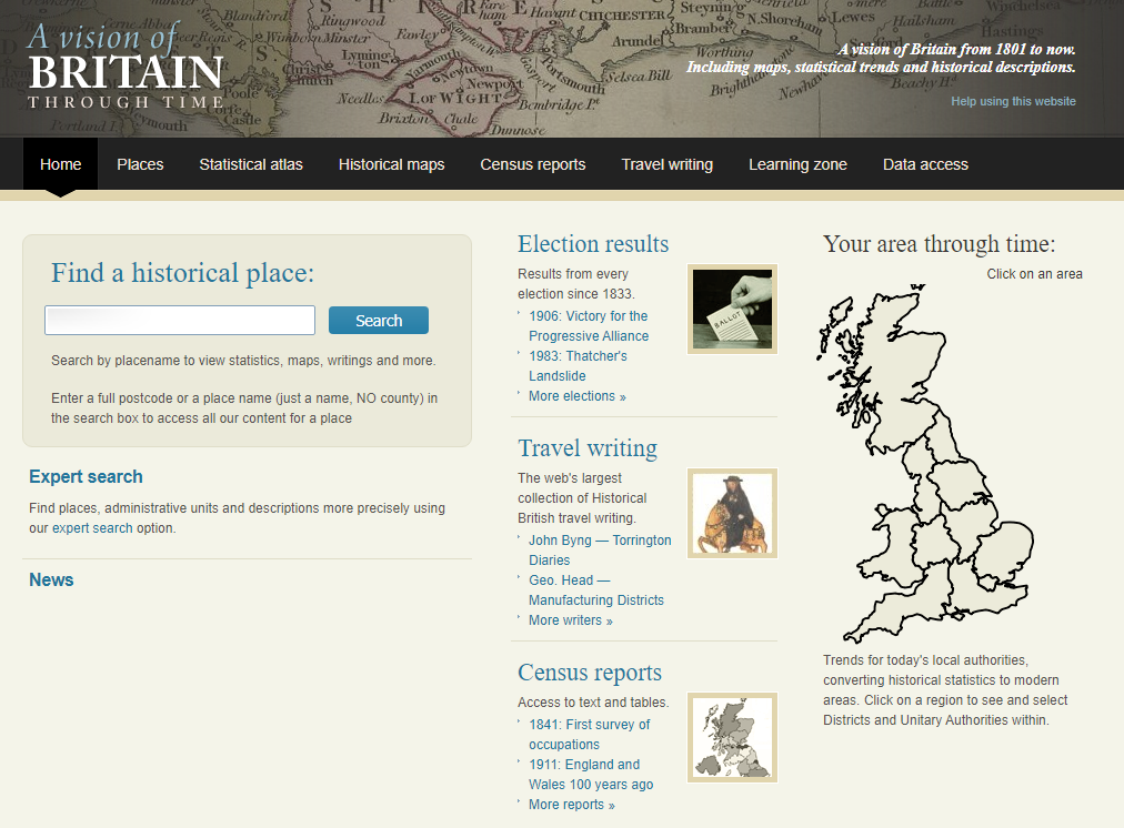 Screenshot der Startseite des Portals "A vision of Britain through time" (https://www.visionofbritain.org.uk/) (Stand 24.1.2022)