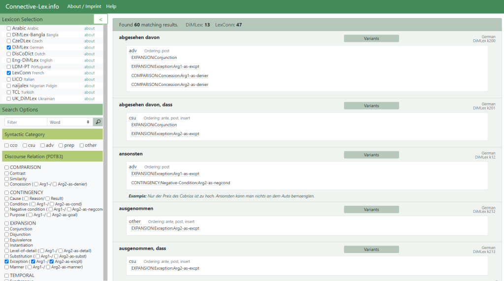 Screenshot der Seite Cconnective-Lex.info mit einigen Sucheinstellungen (http://connective-lex.info/) (Stand 24.1.2022)