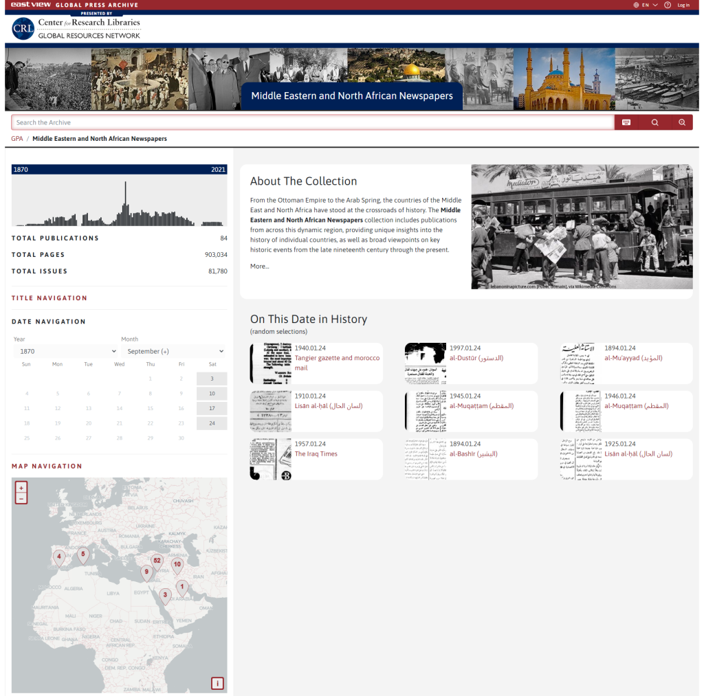 Screenshot der Startseite "Middle Eastern and North African Newspapers" (https://gpa.eastview.com/crl/mena) (Stand 24.1.2022)