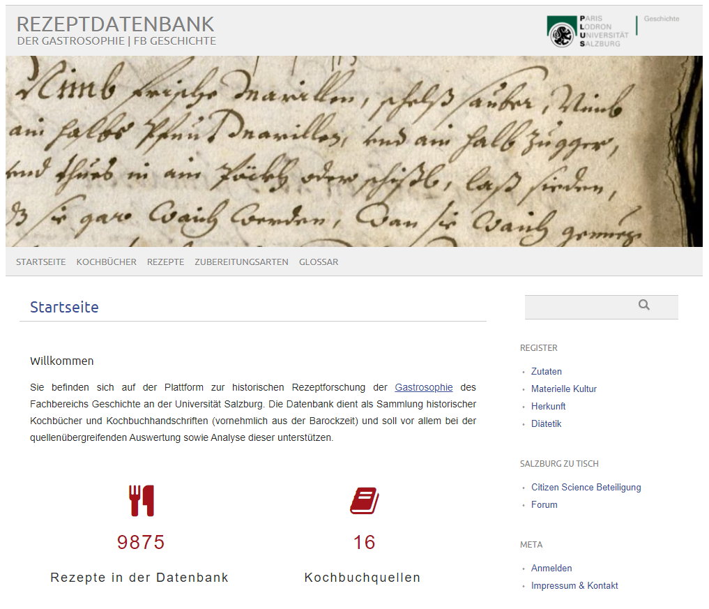 Startseite der Historische Rezeptdatenbank der Universität Salzburg (http://gastrosophie.sbg.ac.at/kbforschung/r-datenbank/) (Stand 24.1.2022)
