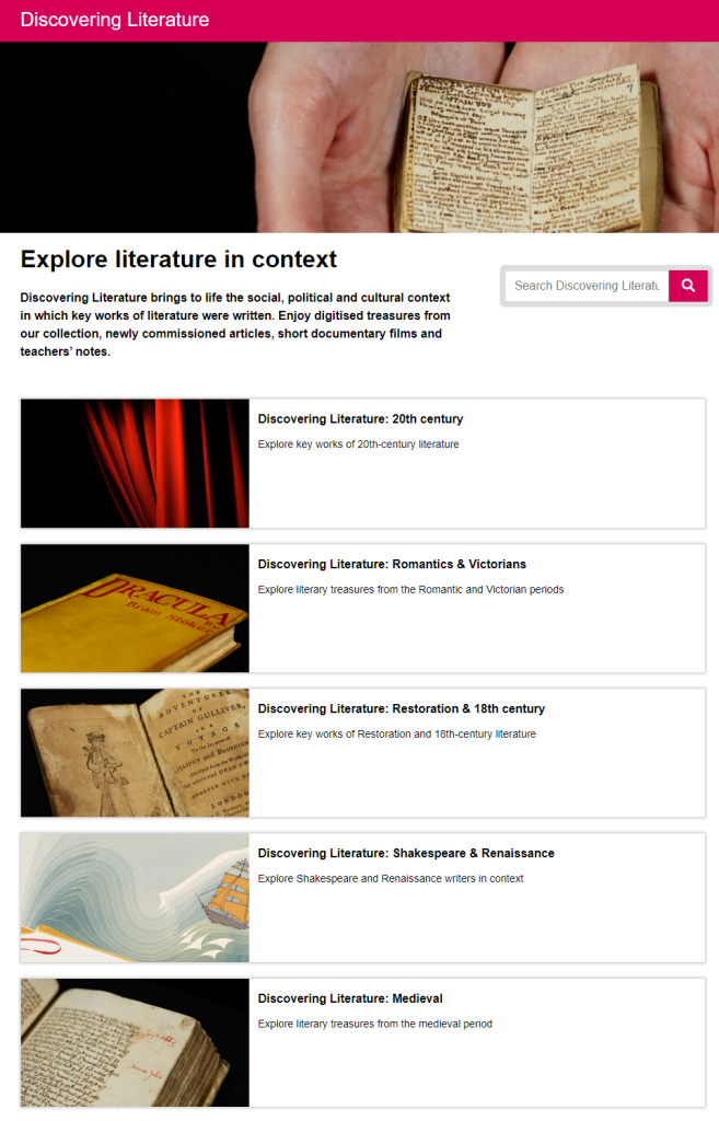 Screenshot der Startseite von "Discovering Literature" der British Library (https://www.bl.uk/discovering-literature) (Stand 23.6.2022)