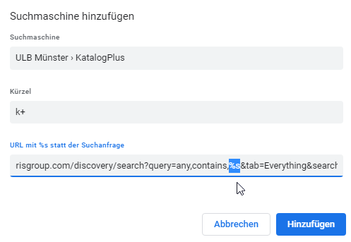 Screenshot: KatalogPlus als Suchmaschine in Chrome hinzufügen 2