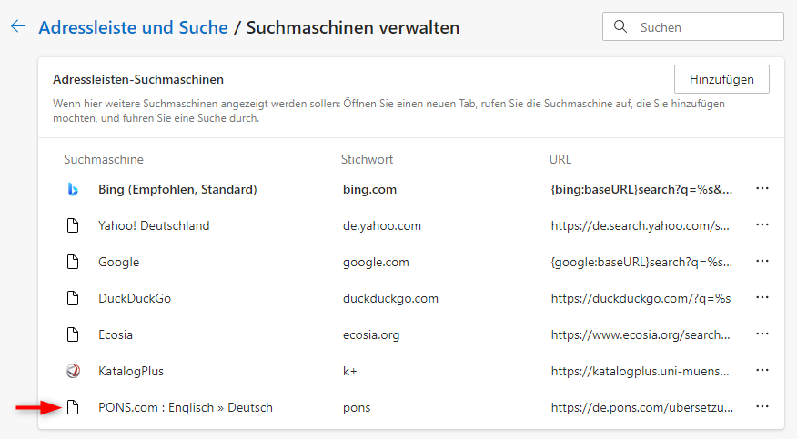 Screenshot: Pons-Wörterbuch als Suchmaschine in Edge hinzufügen 1