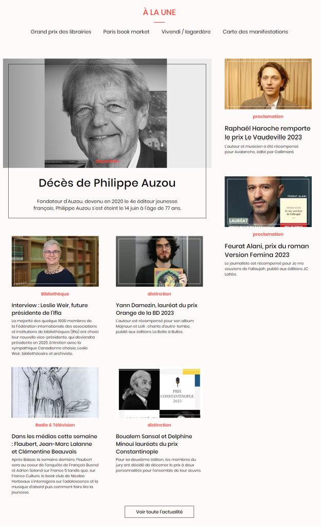 Screenshot der Startseite von "Livres Hebdo" am 19.6.2023 (https://www.livreshebdo.fr)