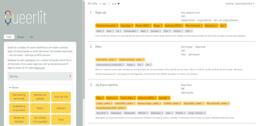 Screenshot der Website Queerlit (https://queerlit.dh.gu.se/) (Stand 24.7.2023)