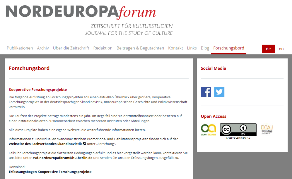 Screenshot des Website des "Forschungsbords" der Zeitschrift NORDEUROPAforum (https://www.nordeuropaforum.de/forschungsbord/) (Stand 17.8.2023)