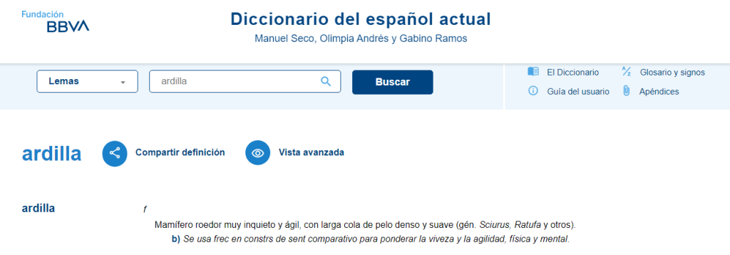 Screenshot eines Eintrags aus dem "Diccionario del Español Actual" (https://www.fbbva.es/diccionario/ardilla/) (Stand 22.9.2023)
