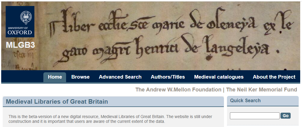 Screenshot des Headers der Website "Medieval Libraries of Great Britain" (http://mlgb3.bodleian.ox.ac.uk/) (Stand 23.10.2023)