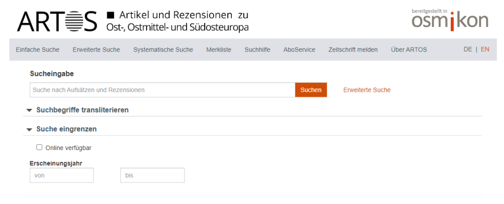 Screenshot von ARTOS, der Aufsatz- und Rezensionsdatenbank zum östlichen Europa der BSB München (Stand 20.11.2023)