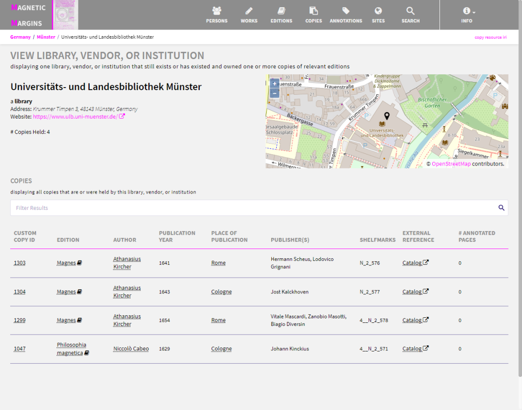 Screenshot der Seite "Magnetic Margins" zu den vier Werken, die sich im Bestand der ULB Münster befinden (https://c103-132.cloud.gwdg.de/resource/?uri=http%3A%2F%2Fmagnetic-margins.com%2Fgroups%2F89906dd3-f469-5088-bbd1-000f090788e4) (Stand 3.11.2023)