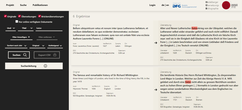 Screenshot eines Ausschnitts der Website der "Heidelberger Übersetzungsbibliographie" (HÜB), Suche nach "Katze" (https://hueb.iued.uni-heidelberg.de/de/) (Stand 19.12.2023)
