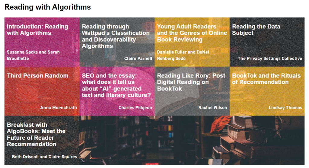 Screenshot des am 19.12.2023 aktuellen Themenclusters "Reading with Algorithms" auf dem Portal Post45 (https://post45.org/contemporaries/)