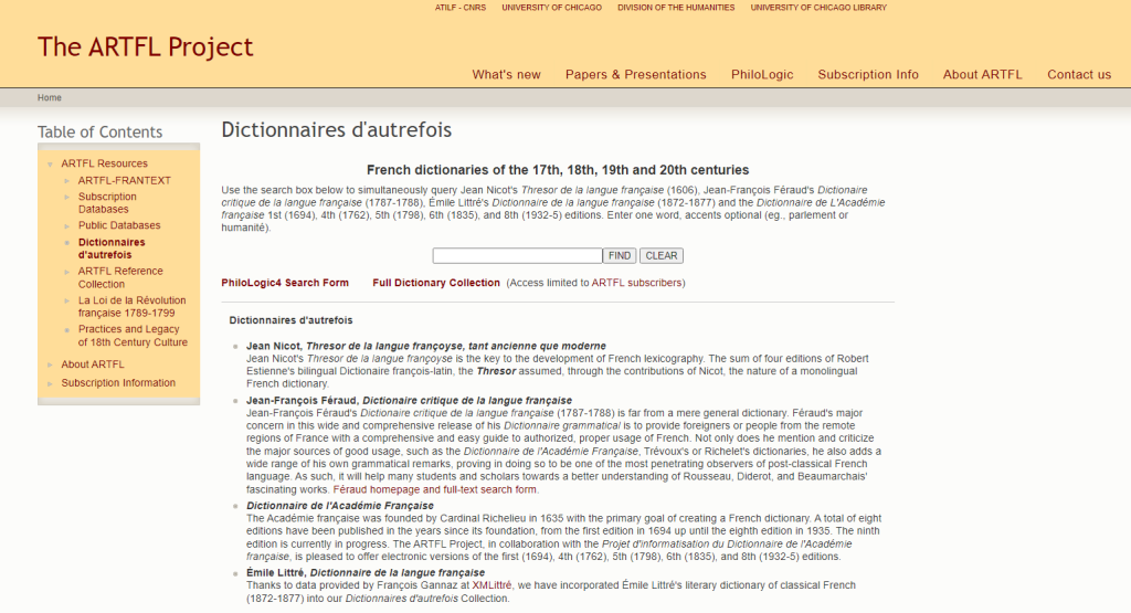 Screenshot der Startseite der "Dictionnaires d'autrefois" (https://artfl-project.uchicago.edu/node/17) (Stand 22.1.2024)