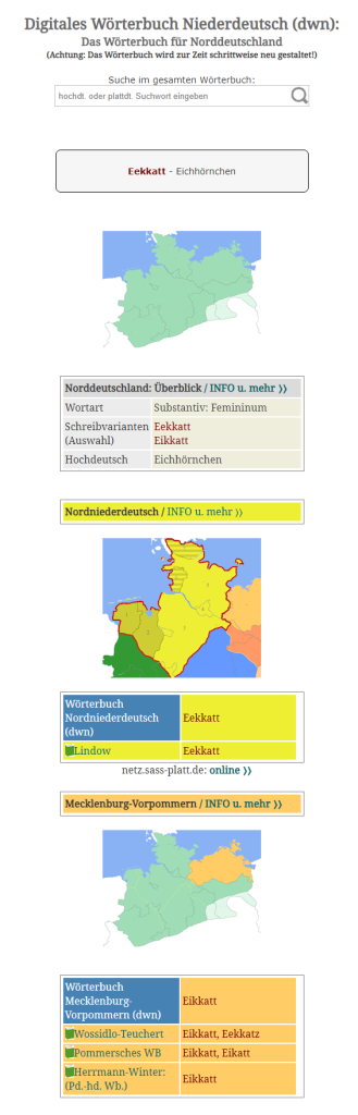 Screenshot des Portals "Die niederdeutsche Literatur", Wörterbucheintrag für "Eeekkatt" (https://www.niederdeutsche-literatur.de) (Stand 19.3.2024)