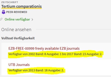 Screenshot aus KatalogPlus des E-Journals Tertium comparationis