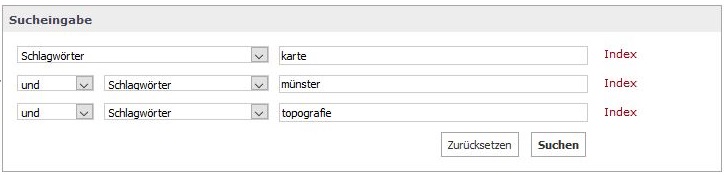 Screenshot ULB-Katalog: Schlagwort= karte AND münster AND topografie
