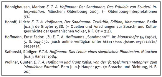 Text: Bönninghausen, Marion: E: T. A. Hoffmann: Der Sandmann, Das Fräulein von Scuderi. Interpretation. München: Oldenbourg 2005. (=Oldenbourg-Interpretationen 93.) Hohoff, Ulrich: E. T. A. Hoffmann, Der Sandmann. Textkritik, Edition, Kommentar. Berlin [u.a.]: de Gruyter 1988. (=Quellen und Forschungen zur Sprach- und Kulturgeschichte der germanischen Völker, N.F. 87=211). Hoffmann, Ernst Fedor: "Zu E. T. A. Hoffmanns "Sandmann"". In: Monatshefte 54 (1962), 5, S. 244-252. [auch online verfügbar unter http://www.jstor.org/stable/30160734.] Safranski, Rüdiger: E. T. A. Hoffmann: Das Leben eines skeptischen Phantasten. München [u.a.]: Hanser 1984. Wöllner, Günter: E. T. A. Hoffmann und Franz Kafka: von der 'fortgeführten Metapher' zum 'sinnlichen Paradox'. Bern [u.a.]: Haupt 1971. (=Sprache und Dichtung, N. F. 20.)
