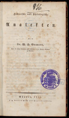 Titelblatt: Historische und philologische Analekten / von W. H. Grauert