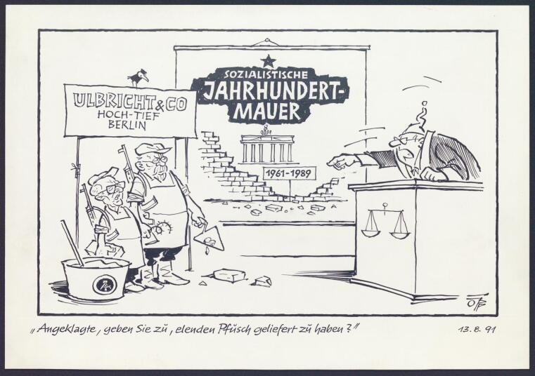 Karikatur: "Angeklagte, geben Sie zu, elenden Pfusch geliefert zu haben?"