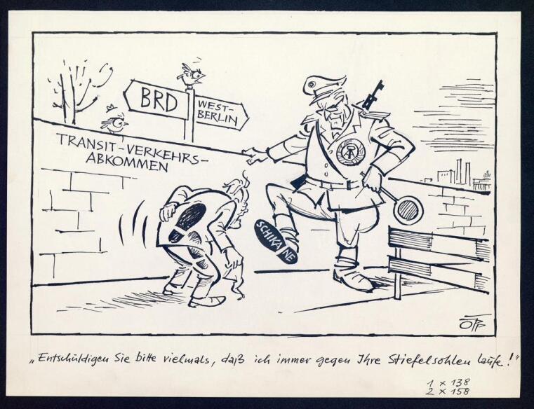 Karikatur: "Entschuldigen Sie bitte vielmals, daß ich immer gegen Ihre Stiefelsohlen laufe!"